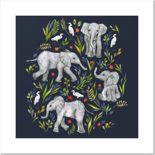 Baby Elephants and Egrets in Watercolor - navy blue Posters and Art